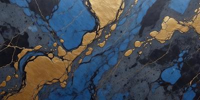 The primary subject of the image is a blue and gold marbled surface, which appears to be a piece of art or a decorative item. The setting is a dark background, which contrasts with the vibrant colors of the marbled surface. The visual style of the image is a combination of photo and digital art, creating a unique and eye-catching design. The dominant colors are blue and gold, with the blue providing a calm and soothing atmosphere, while the gold adds a touch of warmth and sophistication to