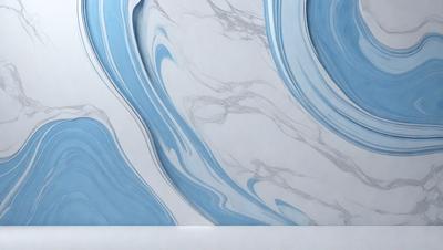 The primary subject of the image is a marble-like pattern, which is displayed on a white surface. The setting appears to be a room with a wall that features the marble-like pattern. The visual style of the image is a combination of a photo and digital art, creating a unique and intricate design. The colors and mood of the image are predominantly blue, giving it a calm and serene atmosphere.