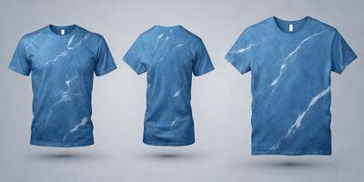 The primary subject of the image is a blue shirt with a design on it. The shirt is displayed in three different angles, showcasing the design from various perspectives. The setting is a white background, which provides a clean and uncluttered environment for the shirt to be displayed. The visual style is a digital art, as the shirt is depicted in a digital format. The colors and mood of the image are predominantly blue, giving it a calm and soothing atmosphere.