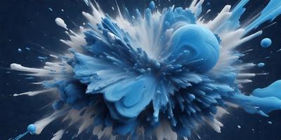 The primary subject of the image is a blue heart-shaped splash of paint, which is the main focus of the scene. The setting is a blue background, and the visual style appears to be a digital art or illustration. The dominant colors in the image are blue and white, creating a calm and serene atmosphere.