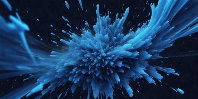 The primary subject of the image is a blue, swirling, and splashing mass of water, which appears to be a digital art or illustration. The setting is a dark background, which contrasts with the vibrant blue color of the water. The visual style gives the impression of a dynamic and energetic scene. The colors and mood of the image are predominantly blue, creating a sense of depth and tranquility.