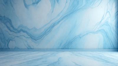 The primary subject of the image is a blue marble wall with a pattern of swirls and waves. The setting is a room with a blue countertop, and the visual style appears to be a combination of a photo and a drawing. The dominant colors are blue and white, creating a calm and serene atmosphere.