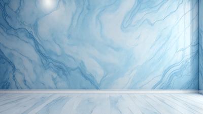 The primary subject of the image is a blue and white marble wall. The setting is a room with a white floor, and the visual style is a painting or drawing. The colors and mood of the image are predominantly blue and white, creating a calm and serene atmosphere.
