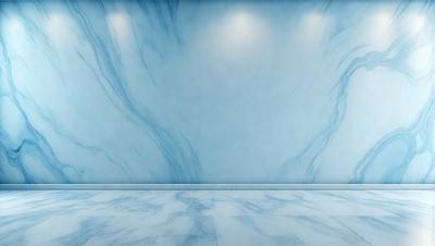 The primary subject of the image is a large, blue marble wall. The setting is a room with a white floor, and the visual style is a photo. The dominant colors are blue and white, creating a calm and serene atmosphere.