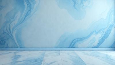 The primary subject of the image is a blue and white marble floor. The setting is a room with a blue and white wallpapered wall. The visual style is a photo of the floor and wall. The colors and mood of the image are predominantly blue and white, creating a clean and elegant atmosphere.