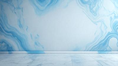 The primary subject of the image is a blue and white marbled wall. The setting is a room with a white floor, and the visual style is a photo. The dominant colors are blue and white, creating a calm and soothing atmosphere.