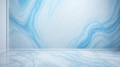 The primary subject of the image is a marble floor with a blue and white pattern. The setting is a room with a blue and white wallpapered wall. The visual style is a photo of the floor and wall. The colors and mood of the image are predominantly blue and white, creating a clean and elegant atmosphere.
