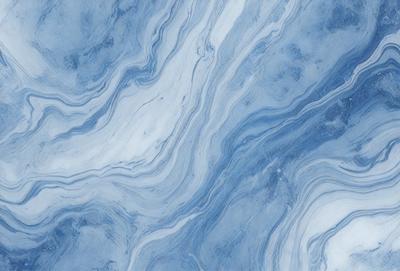 The primary subject of the image is a blue and white marbled tile. The setting is a bathroom, as indicated by the presence of the marbled tile. The visual style is a close-up of the tile, showcasing its intricate design. The dominant colors are blue and white, creating a calm and soothing atmosphere.
