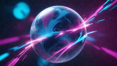 The primary subject of the image is a large, colorful, and swirling glass ball. The setting is a dark background, which contrasts with the vibrant colors of the glass ball. The visual style is a combination of photo and digital art, creating a unique and eye-catching effect. The dominant colors are pink, blue, and purple, giving the image a lively and energetic atmosphere.