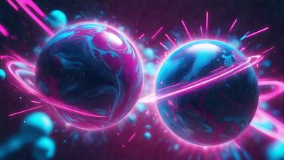 The primary subject of the image is a pair of colorful, swirling, and pink and blue balls. The setting is a dark background, which contrasts with the vibrant colors of the balls. The visual style appears to be a digital art or illustration, as the balls are depicted in a swirling motion. The dominant colors are pink and blue, creating a lively and energetic atmosphere.