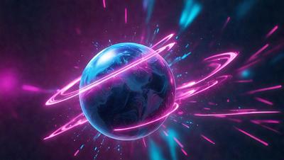 The primary subject of the image is a blue and pink planet, which is the main focus of the scene. The setting is a space background, with the planet surrounded by a bright pink and blue nebula. The visual style of the image is digital art, as it appears to be a computer-generated or digitally rendered scene. The dominant colors of the image are pink and blue, creating a vibrant and lively atmosphere.