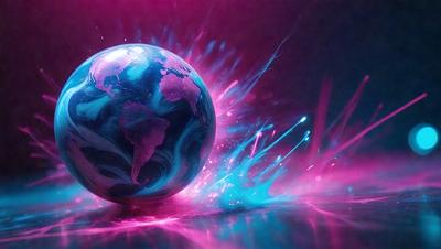 The primary subject of the image is a blue and pink globe, which is the main object, scene, or focus of the image. The setting is a pink and blue background, which adds to the overall atmosphere of the image. The visual style is a combination of photo and digital art, creating a unique and eye-catching representation of the globe. The colors and mood of the image are vibrant and energetic, with the pink and blue hues evoking a sense of excitement and wonder.