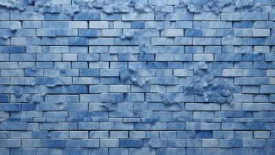 The primary subject of the image is a blue brick wall with a pattern of blue and white tiles. The setting is a brick wall, and the visual style is a photo. The dominant colors are blue and white, creating a calm and soothing atmosphere.