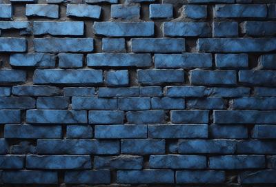 The primary subject of the image is a blue brick wall. The setting is a brick wall with a blue color, and the visual style is a photo. The dominant colors and overall atmosphere are blue and cool, creating a calm and serene environment.