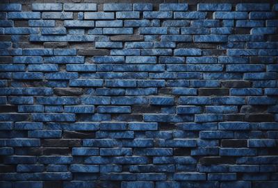 The primary subject of the image is a blue brick wall. The setting is a dark room, and the visual style is a photo. The dominant colors are blue and black, creating a moody atmosphere.