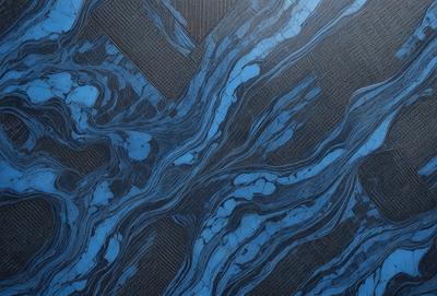 The primary subject of the image is a blue and black marbled surface, which appears to be a tile or a piece of artwork. The setting is a dark room, and the visual style is a close-up of the marbled surface. The colors and mood of the image are predominantly dark and moody, with the blue and black tones creating a dramatic and intriguing atmosphere.