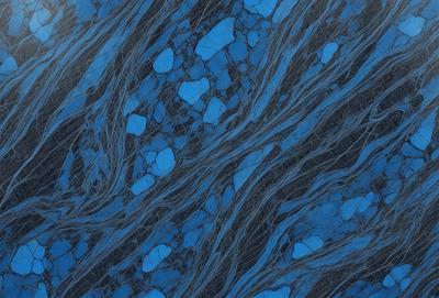 The primary subject of the image is a blue and white patterned surface, which appears to be a piece of art or a textured wall. The setting is a dark blue background, which contrasts with the lighter blue and white pattern. The visual style is a combination of digital art and illustration, creating a unique and eye-catching design. The colors and mood of the image are predominantly dark blue and white, giving it a calm and sophisticated atmosphere.