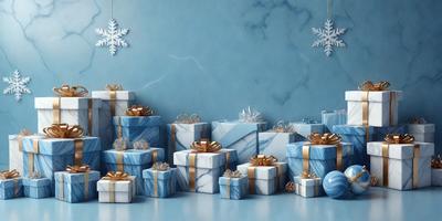 The primary subject of the image is a collection of blue and white presents. The presents are arranged in a visually appealing manner, with some of them stacked on top of each other. The setting is a blue wall, which serves as a striking backdrop for the presents. The visual style of the image is a combination of photo and digital art, creating a realistic yet artistic representation of the presents. The colors and mood of the image are predominantly blue and white, giving it a clean and elegant appearance.