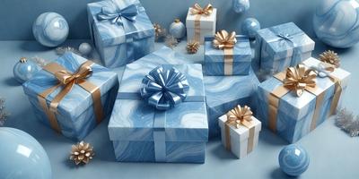 The primary subject of the image is a collection of blue and gold wrapped presents. The setting is a blue background, which creates a contrast with the colors of the presents. The visual style is a combination of photo and digital art, as the presents are wrapped in a way that resembles a photo but has a digital art touch. The colors and mood of the image are predominantly blue and gold, giving it a warm and festive atmosphere.