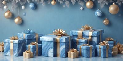 The primary subject of the image is a collection of blue and gold wrapped presents. The presents are placed on a blue background, which adds a sense of depth and contrast to the scene. The visual style of the image is a combination of photo and digital art, creating a realistic yet artistic representation of the presents. The colors and mood of the image are predominantly blue and gold, giving the scene a warm and festive atmosphere.