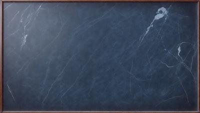 The primary subject of the image is a marble table with a blue surface. The setting is a room with a wooden frame surrounding the table. The visual style is a close-up of the marble table, showcasing its texture and color. The colors and mood of the image are predominantly blue, creating a calm and serene atmosphere.