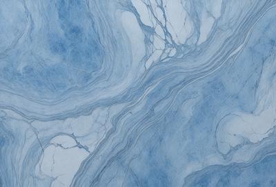 The primary subject of the image is a blue marble tile with a swirling pattern. The setting is a bathroom, as indicated by the presence of the marble tile. The visual style is a close-up of the tile, showcasing its intricate design. The dominant colors in the image are blue and white, creating a calm and soothing atmosphere.