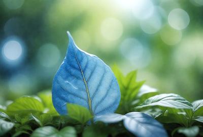 The primary subject of the image is a blue leaf, which is the main object, scene, or focus of the image. The setting/background features a lush green forest, with the leaf sitting on top of the grass. The visual style of the image is a photo, capturing the natural beauty of the leaf and its surroundings. The colors and mood of the image are predominantly green and blue, creating a serene and peaceful atmosphere.