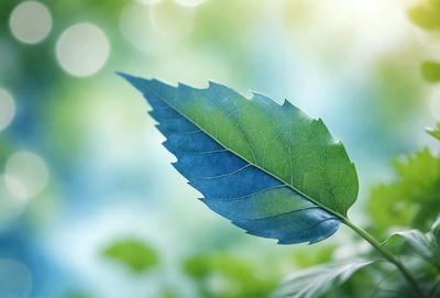 The primary subject of the image is a leaf, which is the main object, scene, or focus of the image. The leaf is green and blue, and it is placed in a setting with a background of green leaves. The visual style of the image is a photo, capturing the natural beauty of the leaf in its environment. The colors and mood of the image are vibrant and lively, with the green and blue hues creating a sense of freshness and vitality.