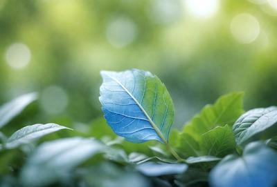 The primary subject of the image is a leaf, which is the main object, scene, or focus of the image. The leaf is green and blue, and it is situated in a lush green environment. The visual style of the image is a photo, capturing the leaf in its natural setting. The colors and mood of the image are vibrant and serene, with the green and blue hues creating a sense of freshness and tranquility.