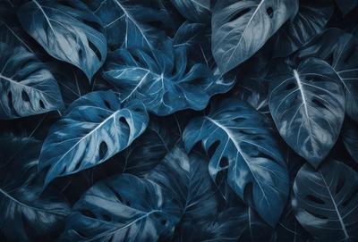The primary subject of the image is a large group of blue leaves, which are the main objects in the scene. The leaves are arranged in a dense, overlapping pattern, creating a visually striking and vibrant scene. The setting is a dark blue background, which contrasts with the bright blue leaves, adding depth and intensity to the image. The visual style of the image is a combination of photo and digital art, as it captures the intricate details of the leaves while maintaining a sense of realism. The colors and