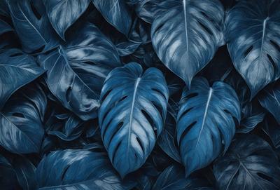 The primary subject of the image is a large blue leaf, which is the main focus of the scene. The leaf is prominently displayed in the foreground, with a few other leaves in the background. The visual style of the image is a close-up of the blue leaf, creating a sense of depth and detail. The colors in the image are predominantly blue, giving the scene a calm and serene atmosphere.