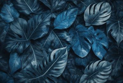 The primary subject of the image is a large group of blue leaves, which are the main objects in the scene. The leaves are arranged in a dense, overlapping pattern, creating a visually striking and vibrant scene. The setting is a blue background, which complements the blue leaves and adds to the overall atmosphere of the image. The visual style of the image is a combination of photo and digital art, as it captures the intricate details of the leaves while maintaining a sense of depth and dimension. The colors and m