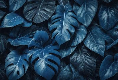 The primary subject of the image is a large group of blue leaves, which are the main objects in the scene. The leaves are arranged in a dense, overlapping pattern, creating a visually striking and vibrant scene. The setting is a dark blue background, which contrasts with the bright blue leaves, adding depth and intensity to the image. The visual style of the image is a close-up of the leaves, emphasizing their intricate details and textures. The colors and mood of the image are predominantly blue