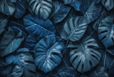 The primary subject of the image is a large group of blue leaves, which are the main objects in the scene. The leaves are arranged in a visually appealing manner, creating a sense of depth and dimension. The setting is a dark blue background, which contrasts with the vibrant blue leaves, giving the image a striking and dramatic visual style. The overall atmosphere of the image is serene and calming, with the blue leaves serving as a focal point and a source of tranquility.
