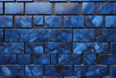 The primary subject of the image is a blue brick wall with a pattern of blue tiles. The setting is a room with a black background, and the visual style is a photo. The dominant colors are blue and black, creating a calm and soothing atmosphere.