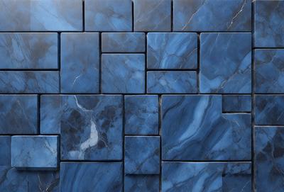 The primary subject of the image is a blue marble tile wall. The setting is a room with a blue marble tile backdrop. The visual style is a close-up of the blue marble tile, showcasing its texture and pattern. The dominant colors are blue and grey, creating a calm and sophisticated atmosphere.