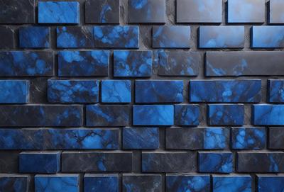 The primary subject of the image is a blue marble wall with a pattern of blue and black tiles. The setting is a room with a blue marble wall as the main focus. The visual style is a close-up of the blue marble wall, showcasing its unique pattern. The colors and mood of the image are predominantly blue and black, creating a modern and sophisticated atmosphere.