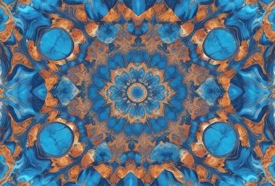The primary subject of the image is a blue and orange flower, which is the centerpiece of the artwork. The setting is a blue and orange background, which complements the flower's colors. The visual style is a digital art or illustration, showcasing the intricate details of the flower. The dominant colors in the image are blue and orange, creating a vibrant and lively atmosphere.