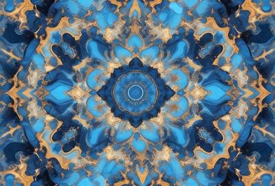 The primary subject of the image is a blue and gold patterned design, which appears to be a digital art or illustration. The setting is a blue background, and the visual style is a combination of digital art and illustration. The colors and mood of the image are predominantly blue and gold, creating a sense of harmony and balance.