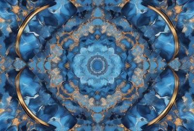 The primary subject of the image is a blue and gold circular pattern, which appears to be a decorative design or a part of a larger artwork. The setting is a blue background, which complements the colors of the circular pattern. The visual style of the image is a combination of digital art and illustration, creating a unique and eye-catching design. The dominant colors in the image are blue and gold, giving the overall atmosphere a sense of elegance and sophistication.
