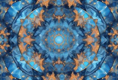 The primary subject of the image is a blue and orange swirling pattern, which appears to be a digital art or illustration. The setting is a circular surface, possibly a wall or a piece of artwork. The visual style is a combination of digital art and illustration, creating a unique and vibrant atmosphere. The dominant colors are blue and orange, with the blue being more prominent in the pattern, while the orange adds a contrasting warmth to the overall design.
