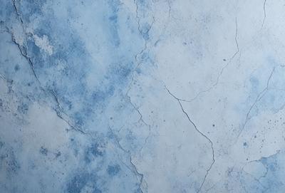 The primary subject of the image is a blue and white wall with a cracked and chipped appearance. The setting is a room with a blue and white color scheme. The visual style is a close-up of the wall, showcasing its texture and details. The colors and mood of the image are predominantly blue and white, giving it a calm and serene atmosphere.