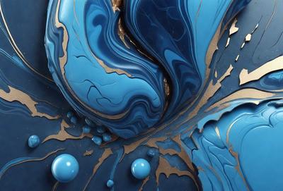 The primary subject of the image is a blue and gold art piece, possibly a sculpture or a painting. The setting is a close-up view of the artwork, showcasing its intricate details and colors. The visual style appears to be a combination of digital art and traditional painting techniques. The dominant colors in the image are blue and gold, creating a sense of elegance and sophistication.