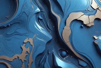 The primary subject of the image is a blue, swirling, and intricate design, possibly a painting or a digital artwork. The setting is a blue background, which complements the vibrant colors of the design. The visual style appears to be a mix of photo and digital art, creating a unique and captivating piece. The dominant colors are blue and gold, giving the artwork a rich and luxurious appearance. The overall atmosphere is one of beauty and creativity, as the design captures the viewer'