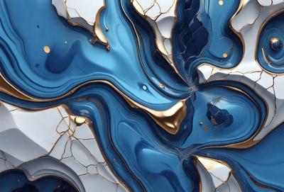 The primary subject of the image is a blue and gold glass sculpture. The setting is a white background, which provides a clean and minimalist appearance. The visual style is a combination of digital art and illustration, as the sculpture appears to be a digital rendering of a glass artwork. The colors and mood of the image are predominantly blue and gold, creating a sense of elegance and sophistication.