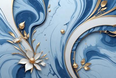 The primary subject of the image is a beautifully designed blue and gold flower, which is the main focus of the image. The setting is a marble wall, and the visual style appears to be a combination of digital art and illustration. The dominant colors in the image are blue and gold, creating a sense of elegance and sophistication.