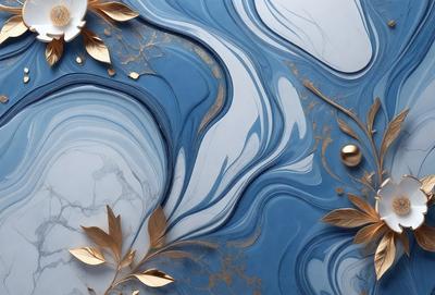 The primary subject of the image is a blue marble wall with gold accents. The setting is a room with a blue marble wall, and the visual style is a combination of photo and digital art. The dominant colors are blue and gold, creating a luxurious and elegant atmosphere.