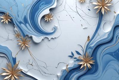 The primary subject of the image is a blue and white wave, which is the main object, scene, or focus of the image. The setting or background features a white and blue marble-like surface, giving the image a digital art or illustration appearance. The visual style is a combination of photo and digital art, creating a unique and artistic representation of the wave. The dominant colors in the image are blue and white, giving it a calm and serene atmosphere.