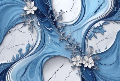 The primary subject of the image is a blue and white artwork featuring a flower design. The setting is a white wall, and the visual style appears to be a combination of digital art and illustration. The dominant colors are blue and white, creating a calm and serene atmosphere.