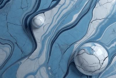 The primary subject of the image is a blue marble surface with two white balls placed on it. The setting is a blue marble wall, and the visual style appears to be a photo. The colors and mood of the image are predominantly blue and white, creating a calm and serene atmosphere.